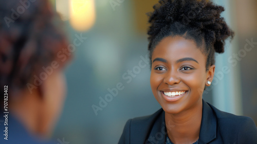 Successful Job Interview with Smiling African American Woman and HR Professional in Formal Office Setting, Positive Business Interaction, Young Professional in Business Dress, Engaging Meeting Conclus