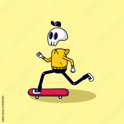 Cute Skull playing skateboard vector illustration for fabric, textile and print photo