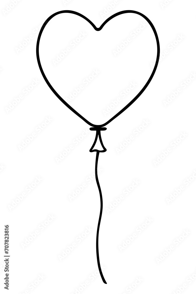 Balloon in the shape of a heart. Sketch. The foil ball is tied with thread. Doodle style. Vector illustration. Coloring book . Nice decoration for the holiday. Outline on isolated backgroud