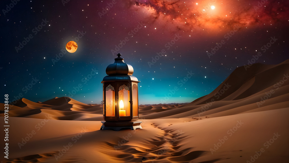Ramadan kareem abstract background with lantern, desert, Dunes and Crescent Ramadan kareem abstract background with lantern, desert, Dunes and Crescent