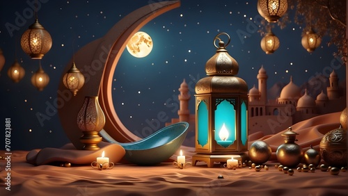 Ramadan kareem abstract background with lantern, desert, Dunes and Crescent photo