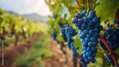 Close-up of a blue grape hanging in a vineyard, wide shot photo