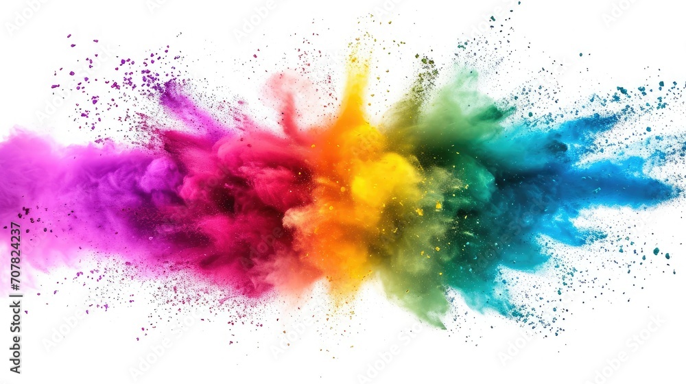 colorful mixed rainbow powder explosion isolated on white background - obrazy, fototapety, plakaty 