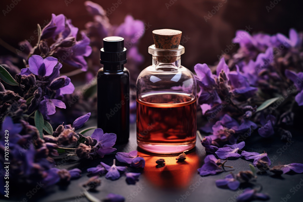 essential oil bottles and flowers in garden, flowers harvesting, extraction absolute production, Generative AI essential oil bottles and flowers in garden, flowers harvesting, extraction absolute production, Generative AI
