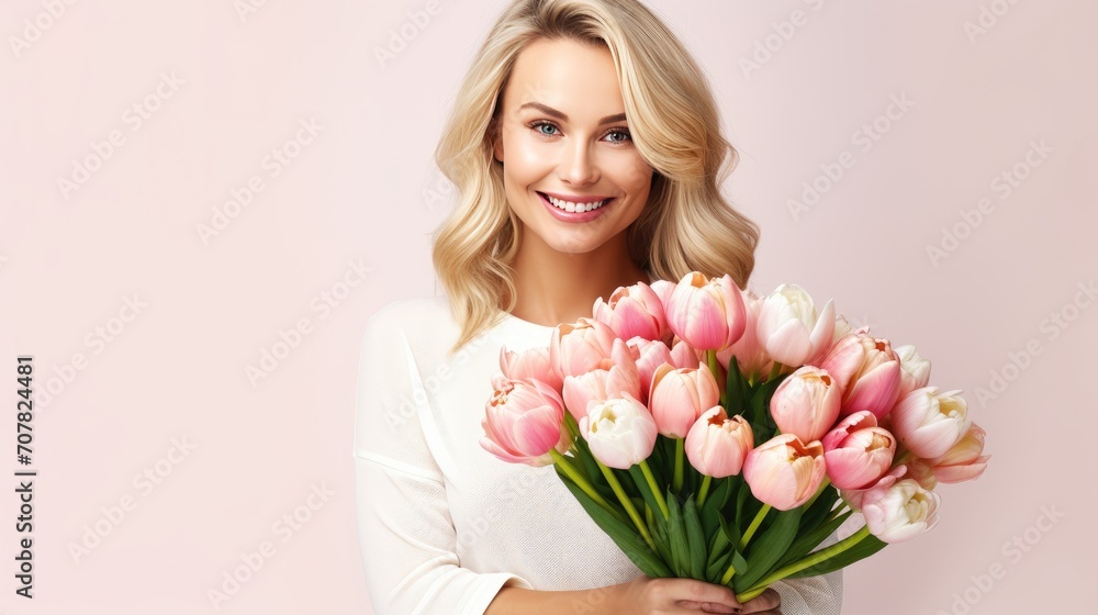 International Women's Day. Extremely happy blonde woman  is smelling a bunch of spring flowers, which she is holding in her hands. Bouquet of tulips