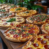 Pizza Produktfoto mit verschiedenen Pizzasorten die dekorativ präsentiert sind, Neapolitanische Pizza mit Käse