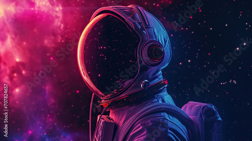 An astronaut wear a headphones over helmet and listen music in open space background photo