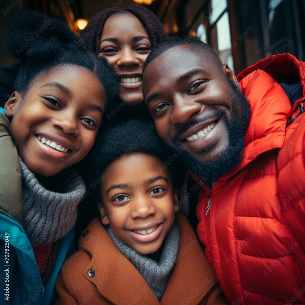 Happy black family taking selfie together Happy black family taking selfie together