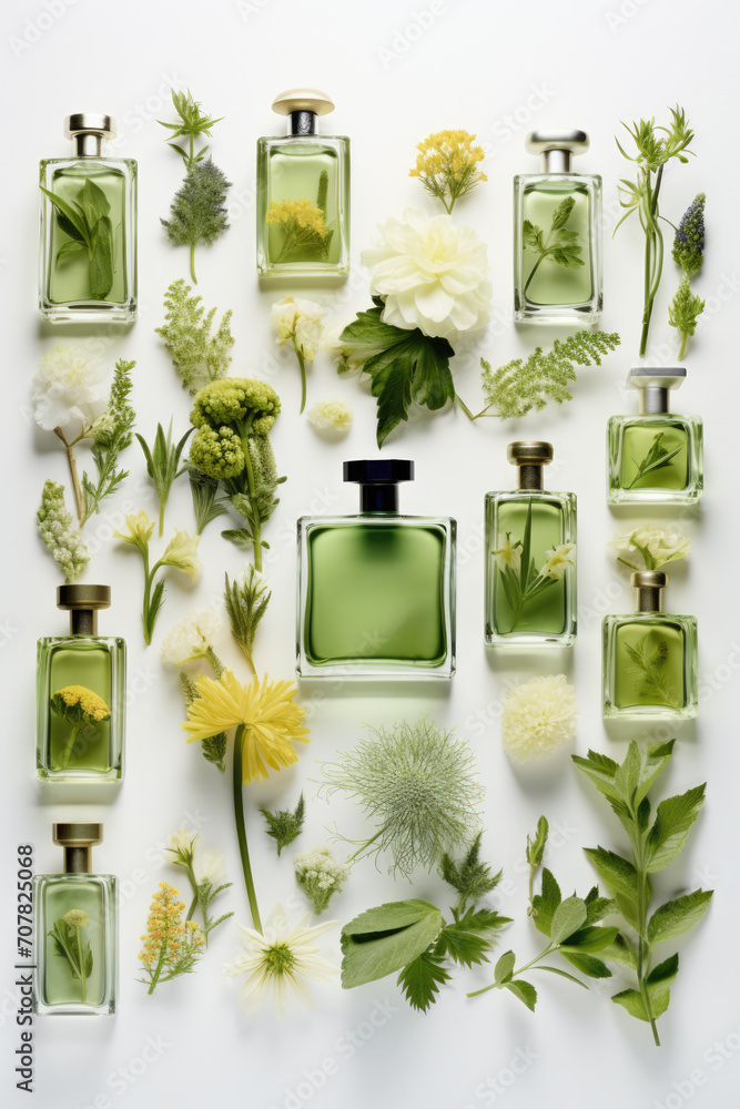 fancy glass perfume bottles in green herbs flowers moss, natural cosmetics, Generative AI - obrazy, fototapety, plakaty 