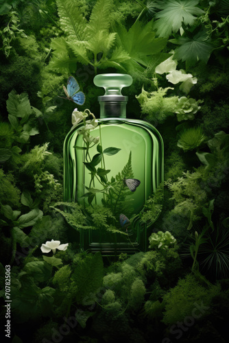 fancy glass perfume bottles in green herbs flowers moss, natural cosmetics, Generative AI