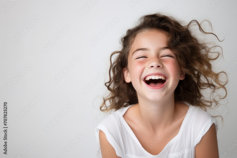 Portrait of a happy laughing child girl isolated over white background - obrazy, fototapety, plakaty 
