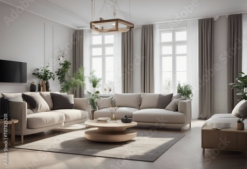 Interior design of modern scandinavian apartment living room and dining room 3d rendering