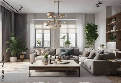 Interior design of modern scandinavian apartment living room and dining room panorama 3d rendering