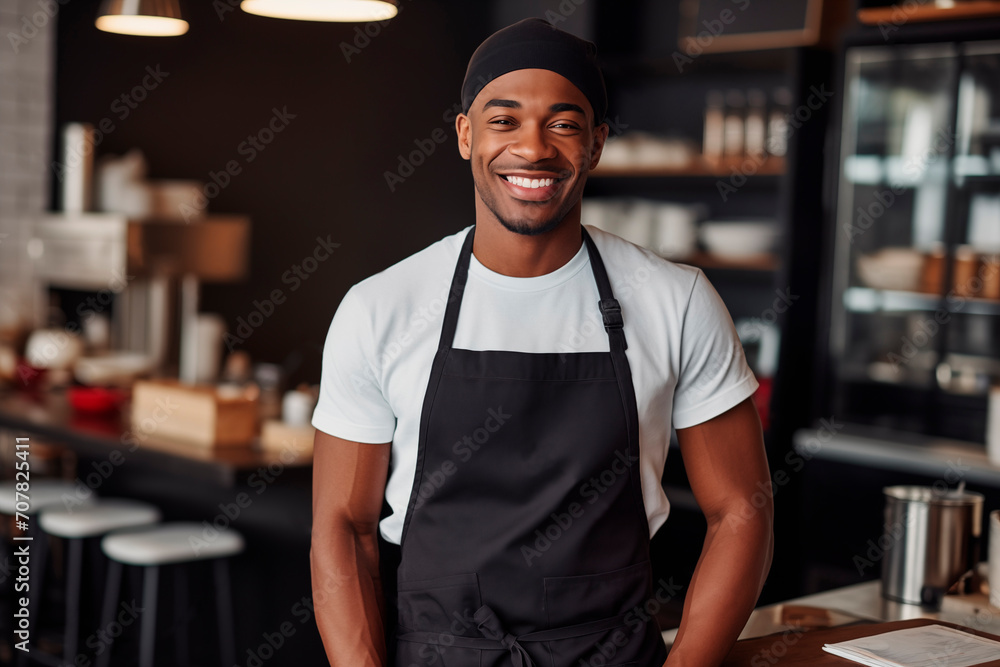 Portrait of african-american chef in a restaurant. Generative AI