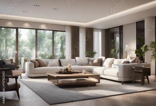 Interior of living room with white sofa and coffee table panorama 3d rendering © ArtisticLens