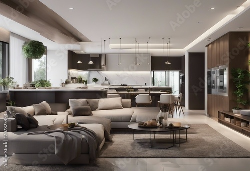 Interior of modern house living room and dining room kitchen panorama 3d rendering