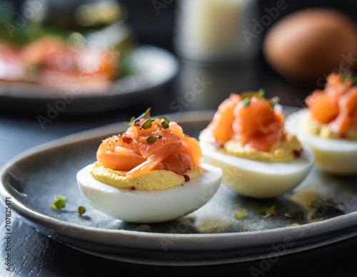 Stuffed eggs, deviled eggs with smoked salmon and herbs photo