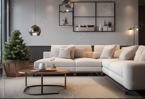 Interior with white sofa and coffee table 3d rendering