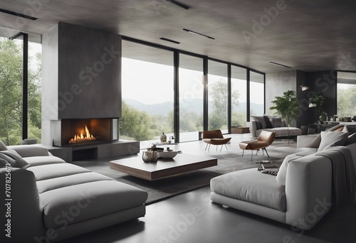 Minimalist style interior design of modern living room with fireplace and concrete walls © ArtisticLens