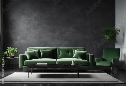 Modern interior of living room with grey sofa coffee tables green armchair against black concrete wa © ArtisticLens