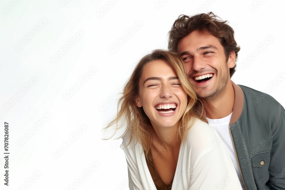 Happy couple embracing and looking camera on white background Happy couple embracing and looking camera on white background