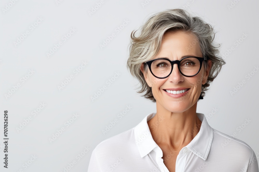 Close up middle aged woman wearing eyeglasses smiling isolated over white background. Close up middle aged woman wearing eyeglasses smiling isolated over white background.