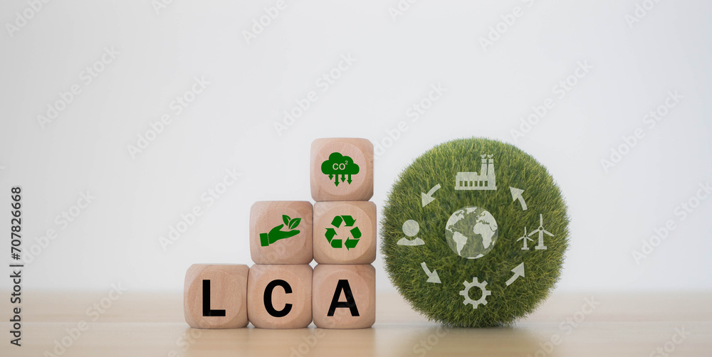 LCA on wooden blocks LCA life cycle assessment concept Assessing the environmental impacts associated with product value chains, the ISO LCA standard aims to limit climate change. - obrazy, fototapety, plakaty 