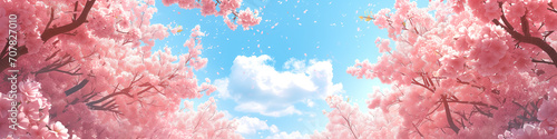 flying cherry blossoms in front of blue sky photo
