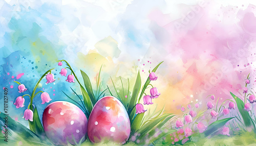 Watercolor flower meadow with colorful easter eggs background.Easter and Spring wallpaper.