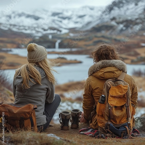 Junges Paar reist mit Auto um die Welt im Winter, Camper leben Reise 