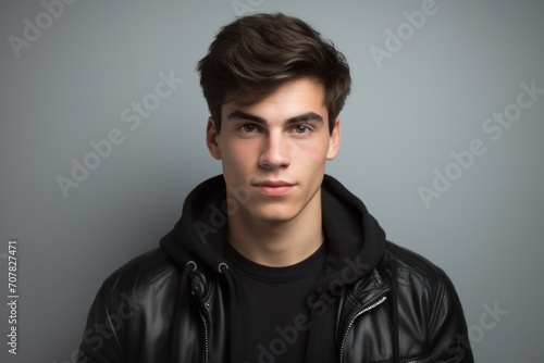 Portrait of a young man in a leather jacket on a gray background