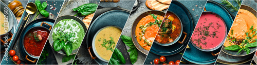 Photo collage of various soups and cream soups. A set of colored soups in bowls. Photo banner for a food site. photo