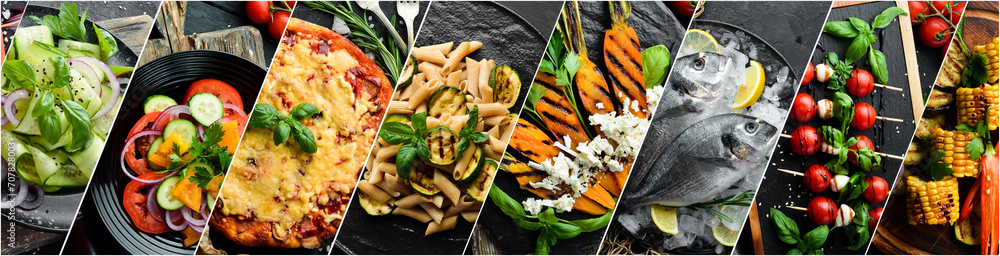 Photo collage. Different healthy main courses, meat and fish dishes, pasta, salads, sauces, bread and vegetables on a dark background. Top view. - obrazy, fototapety, plakaty 