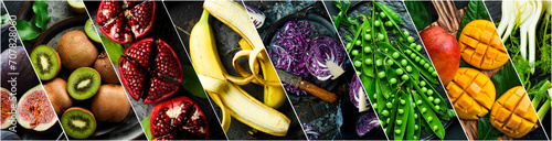 Organic food - photo collage. Set of fresh vegetables, fruits and organic healthy food. Photo banner for a food site.