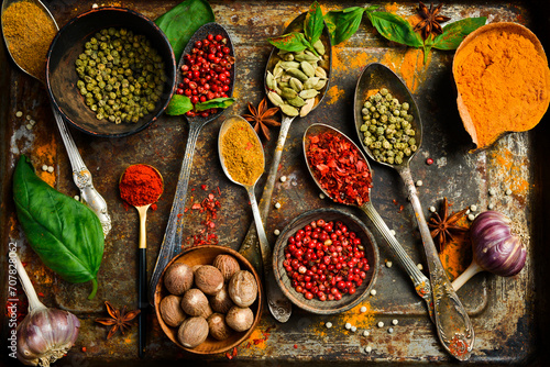 Aromatic Indian spices in spoons on a metal tray. Background of spices. Top view.