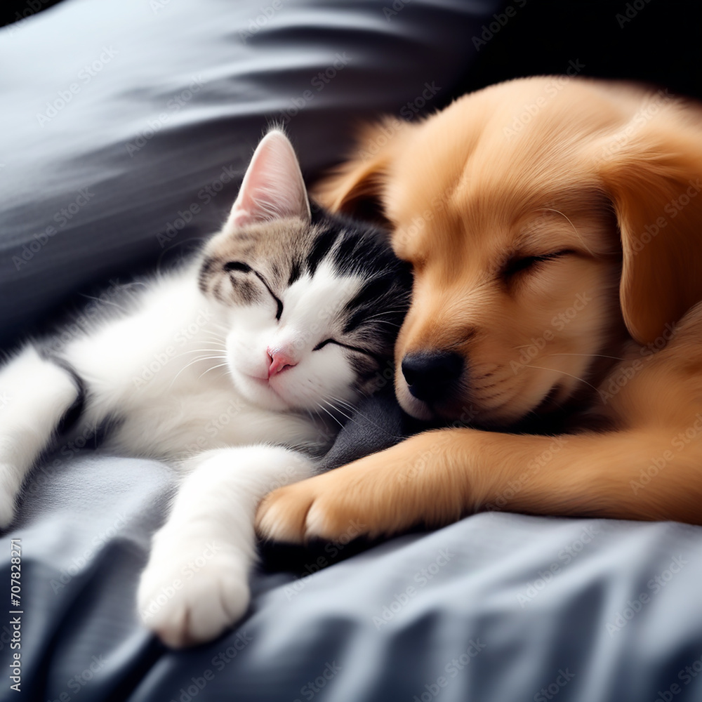 Sleeping Companions: Cat and Dog Cuddled Together - Kitten and Puppy Taking a Nap - Home Pets, Animal Care, Love, and Friendship - Domestic Animals