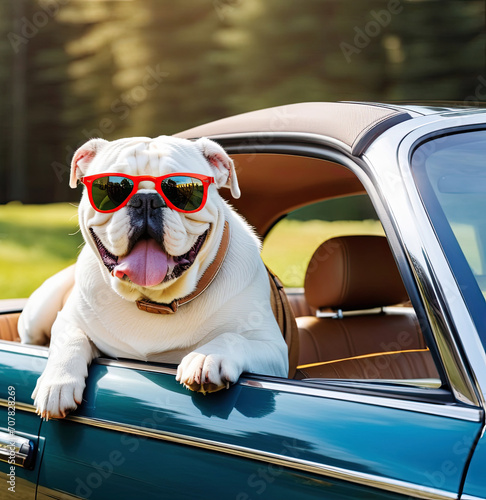 bulldog wearing sunglasses and sits in the car © jozzeppe777