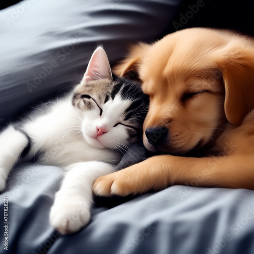 Sleeping Companions: Cat and Dog Cuddled Together - Kitten and Puppy Taking a Nap - Home Pets, Animal Care, Love, and Friendship - Domestic Animals
