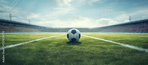 Sport. Empty football soccer field with white marks, green grass texture and soccer ball. 