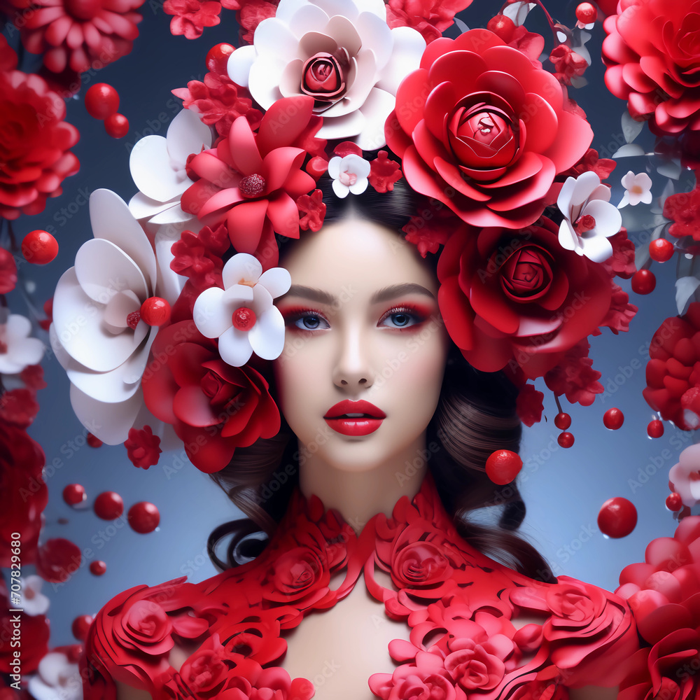 A beautiful girl with red flowers around her face A beautiful girl with red flowers around her face