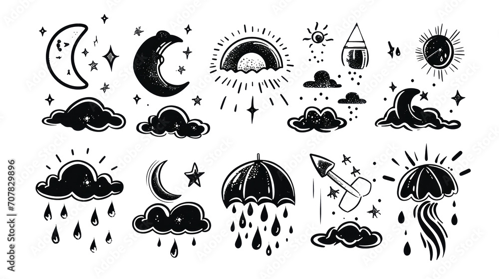 white-black Set of 10 hand-drawn pop-style icon illustrations with weather motifs on transparent background white-black Set of 10 hand-drawn pop-style icon illustrations with weather motifs on transparent background