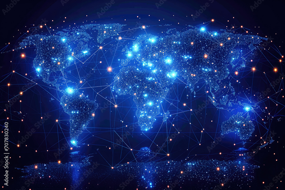 Ilustración de Un mapa mundial cubierto por una red de líneas que representan la cobertura global de 5G, globalización - obrazy, fototapety, plakaty 