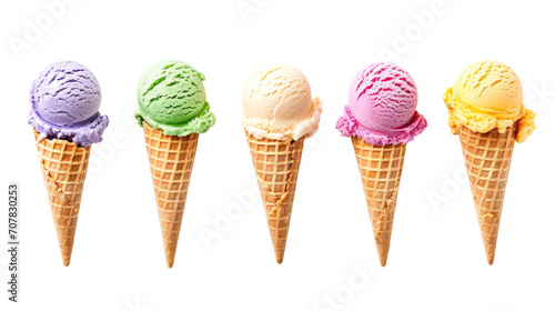 set of Ice cream differetn colors scoop on waffle cone on white background cutout 