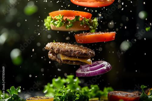 Burger levitation on a black background. Burger with flying elements. Delicious burger with flying ingredients isolated on black background. Flying Burger Slices. Flying burger ingredients above grill