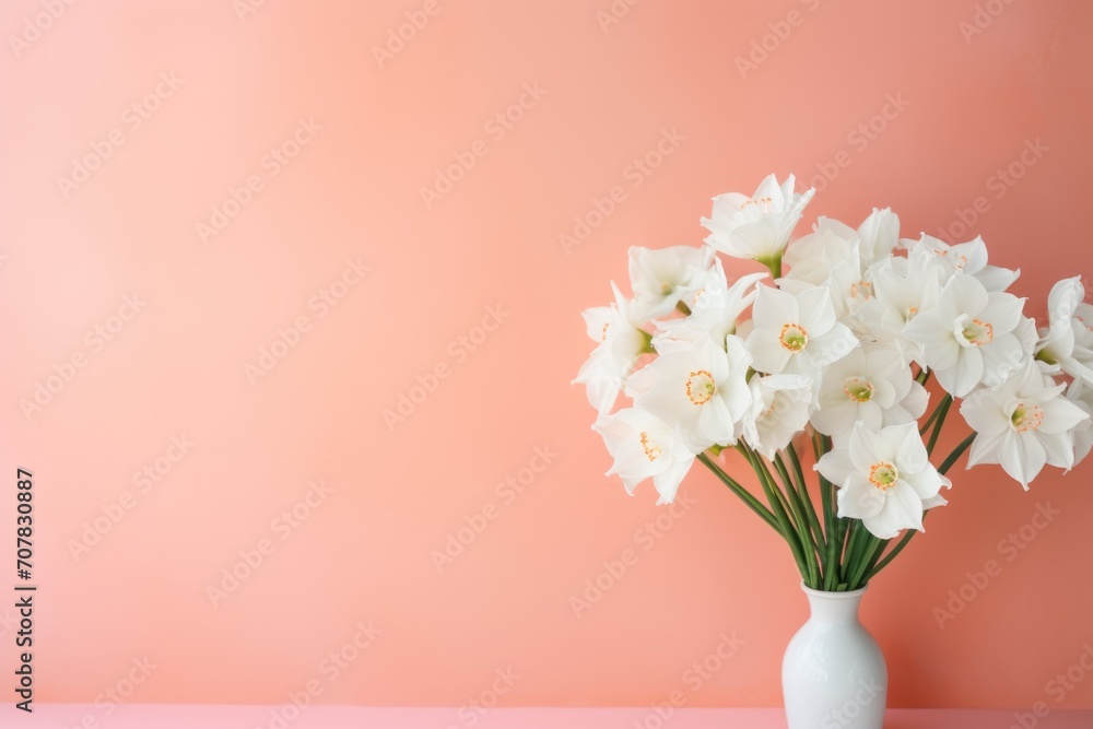 Bouquet of white narcissus on a crimson colored backdrop isolated pastel background 
