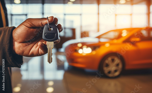 A man's hand holds the key to a new car on a blurred background at a car showroom