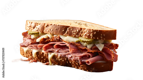 
reuben sandwich png, deli classic, grilled rye bread, corned beef, sauerkraut, Swiss cheese, Thousand Island dressing, savory lunch, sandwich illustration, hearty meal photo