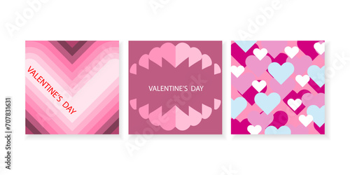 Happy Valentine's Day. Simple flat set of templates with hearts. Trendy backgrounds design for covers, greetings, holidays, posters, cards, sales, promotions. Vector.