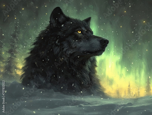 Ilustración de un zorro con auroras boreales reflejadas en sus ojos, fondo de fantasía
