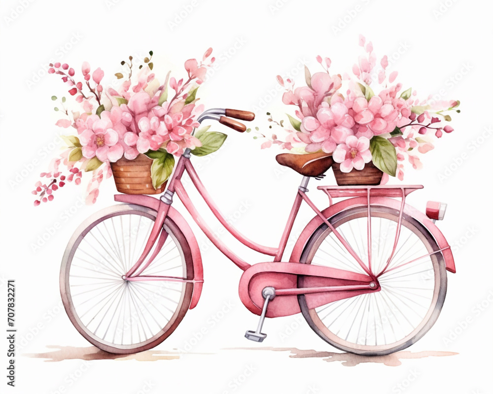Pink vintage bike with spring flowers in the basket. Cute Isolated watercolor illustration
